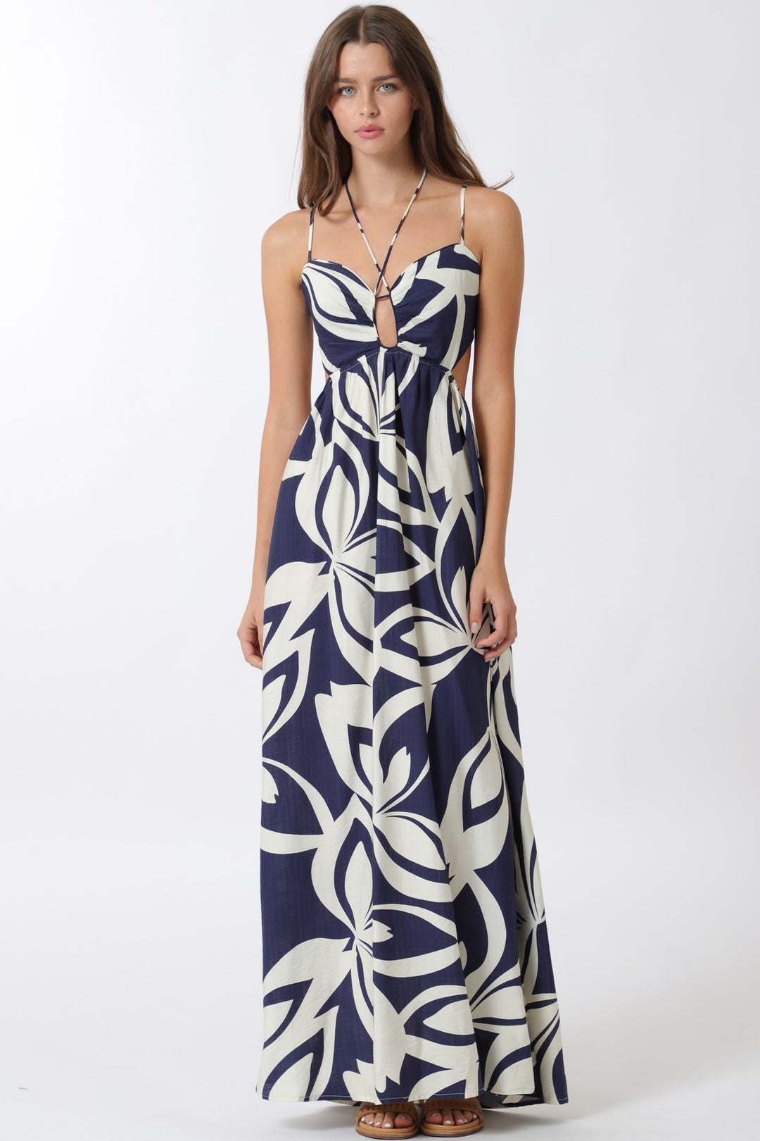 Aakaa Center Front Keyhole Maxi Dress Navy/Ivory / L
