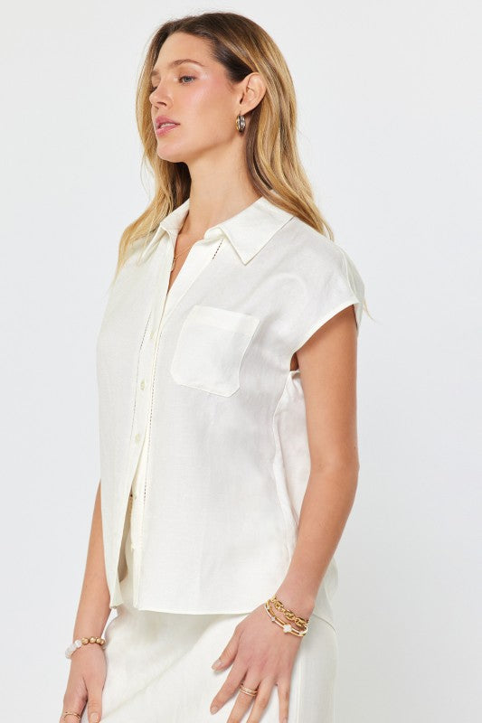 Current Air Linen Blend Cap Sleeve Button Down Blouse