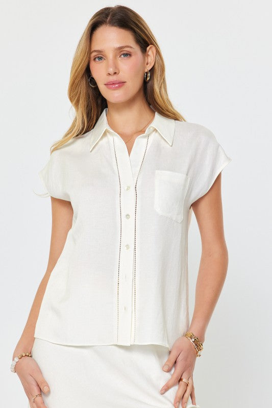 Current Air Linen Blend Cap Sleeve Button Down Blouse
