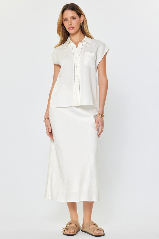 Current Air Linen Blend Cap Sleeve Button Down Blouse