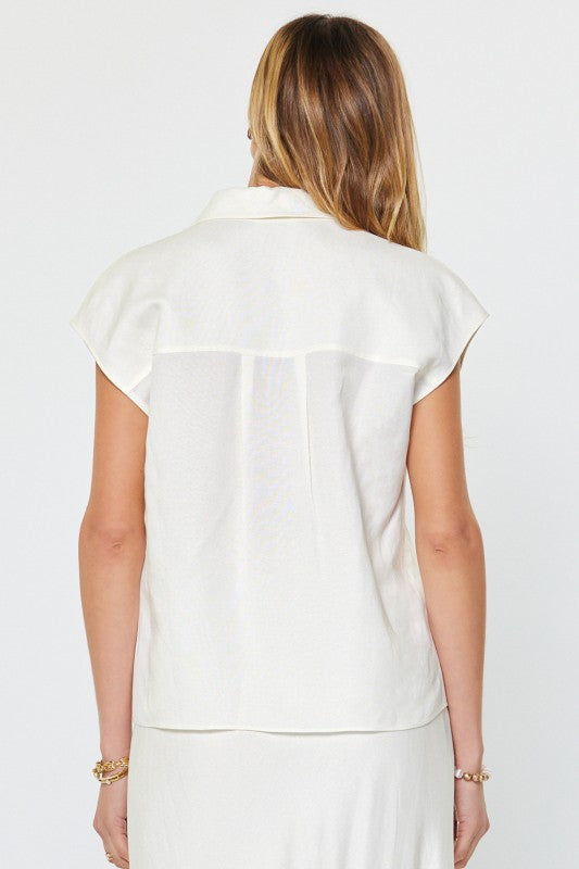 Current Air Linen Blend Cap Sleeve Button Down Blouse