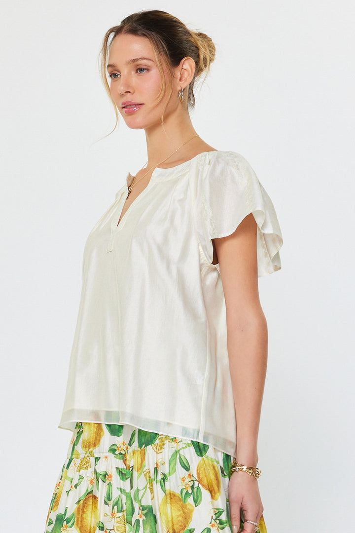 Current Air Short Sleeve Split Neck Pleated Blouse