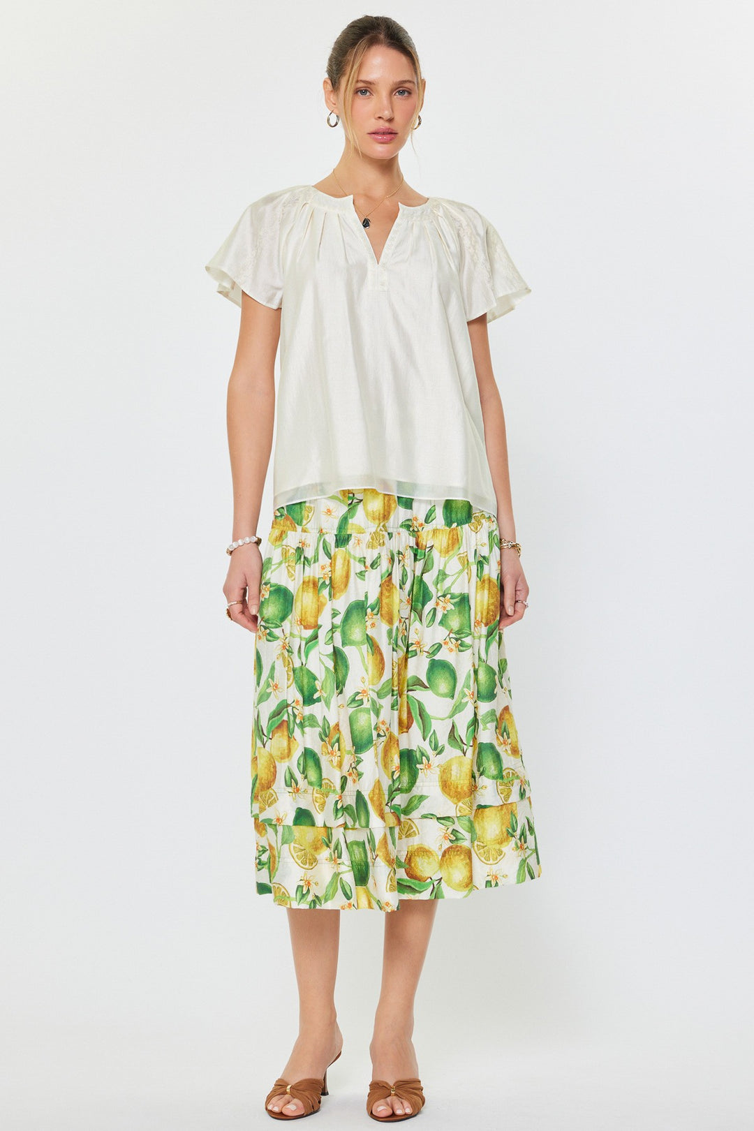 Current Air Short Sleeve Split Neck Pleated Blouse