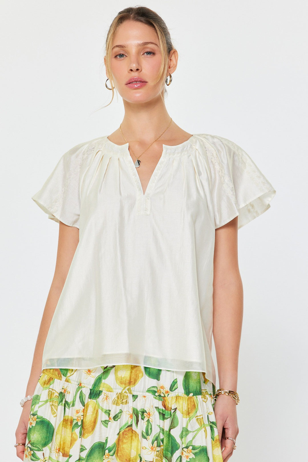 Current Air Short Sleeve Split Neck Pleated Blouse