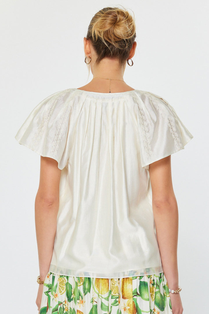 Current Air Short Sleeve Split Neck Pleated Blouse