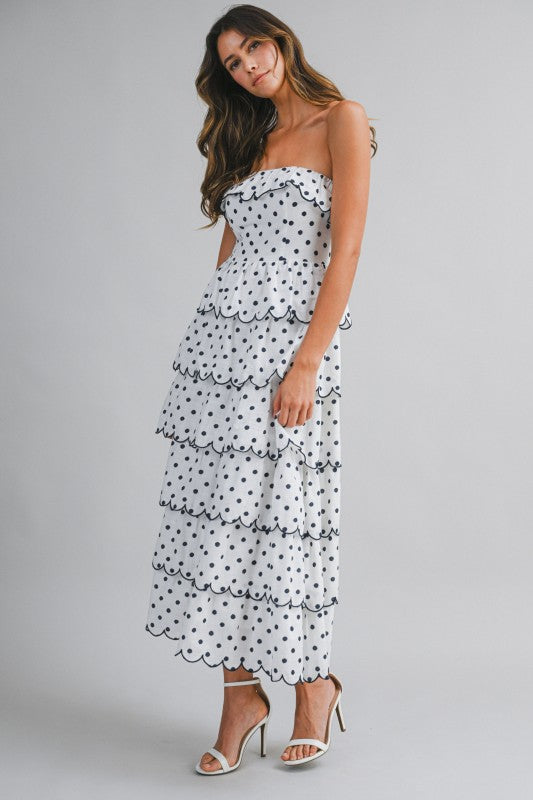Mable Strapless Polka Dot Print Tiered Ruffled Midi Dress
