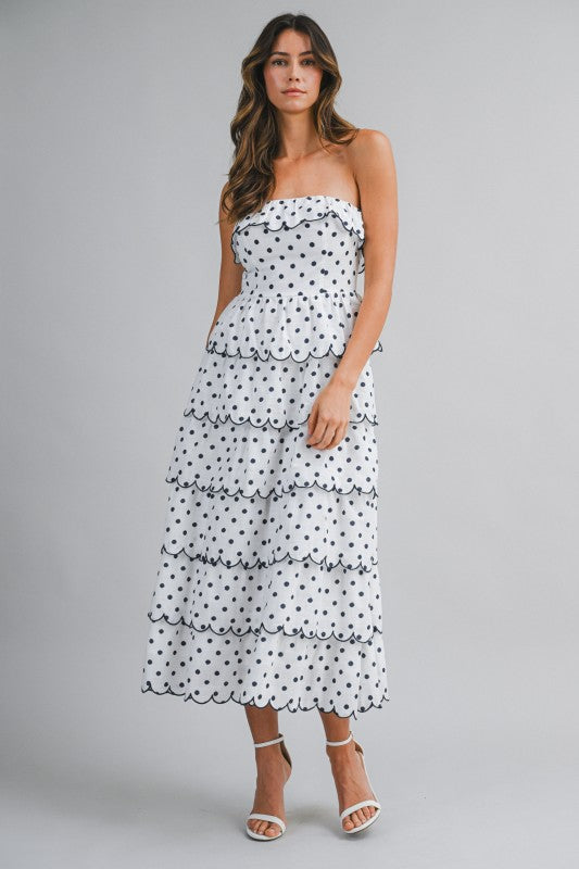 Mable Strapless Polka Dot Print Tiered Ruffled Midi Dress