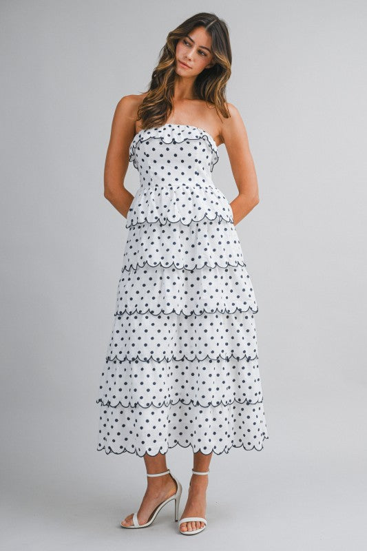 Mable Strapless Polka Dot Print Tiered Ruffled Midi Dress