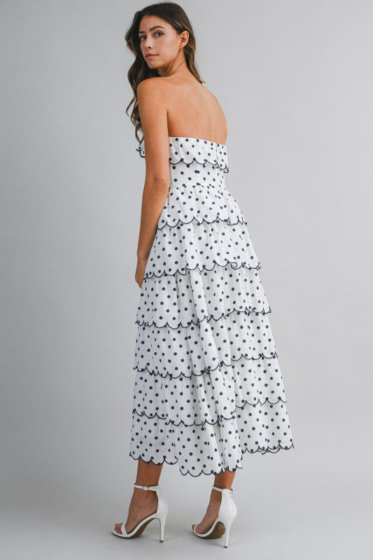 Mable Strapless Polka Dot Print Tiered Ruffled Midi Dress