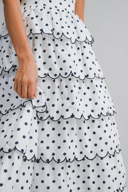 Mable Strapless Polka Dot Print Tiered Ruffled Midi Dress