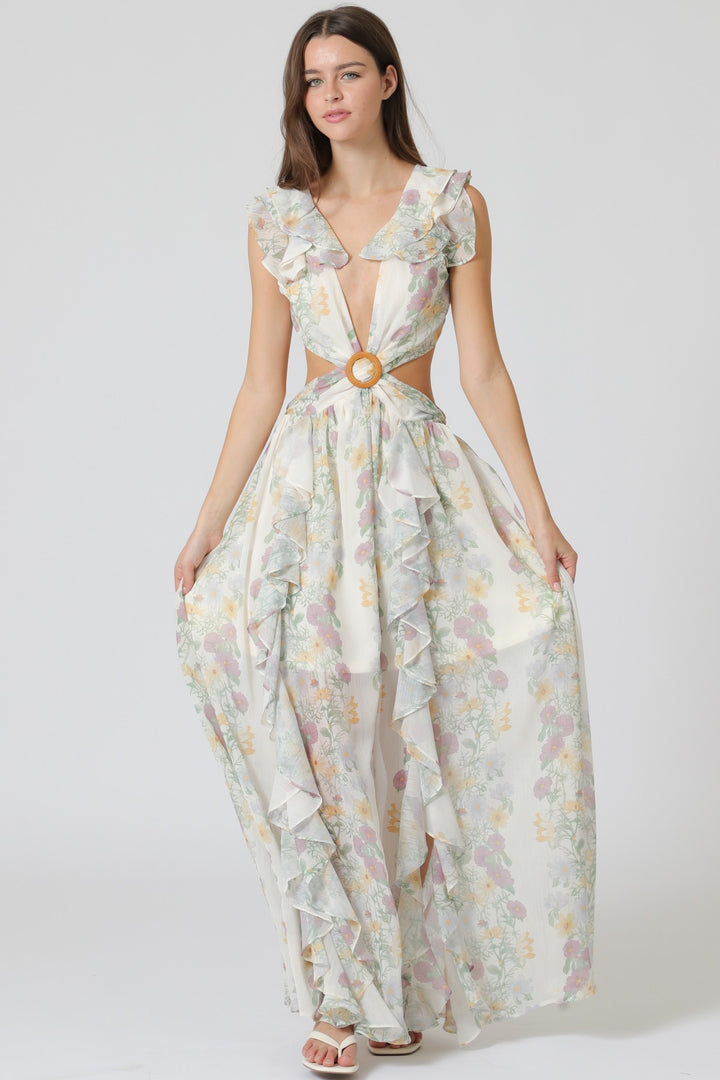 Aakaa Ruffle Detail Cut Out Back Waisted Maxi Dress