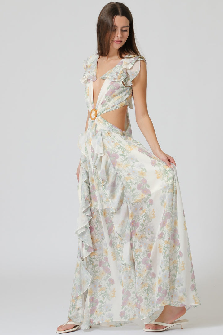 Aakaa Ruffle Detail Cut Out Back Waisted Maxi Dress