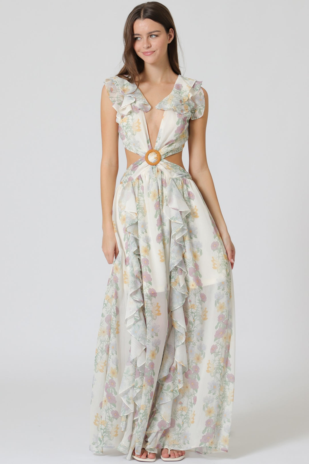Aakaa Ruffle Detail Cut Out Back Waisted Maxi Dress