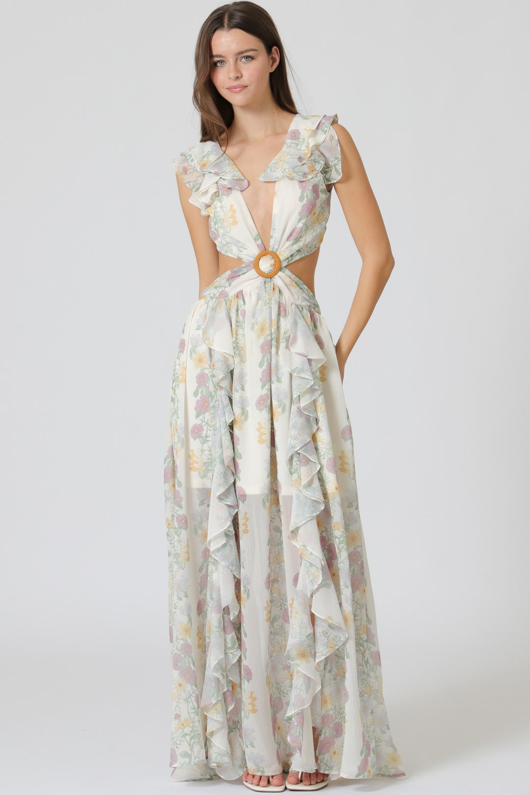 Aakaa Ruffle Detail Cut Out Back Waisted Maxi Dress