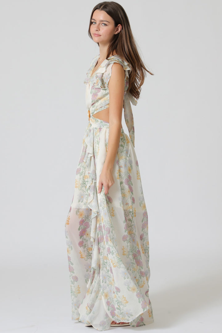 Aakaa Ruffle Detail Cut Out Back Waisted Maxi Dress