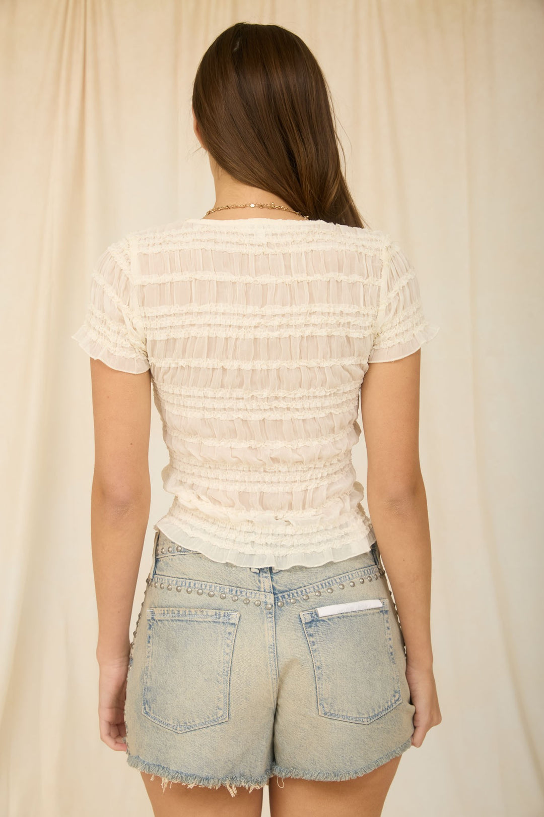 Mine Sheer Shirred Short Sleeve Button Down Top