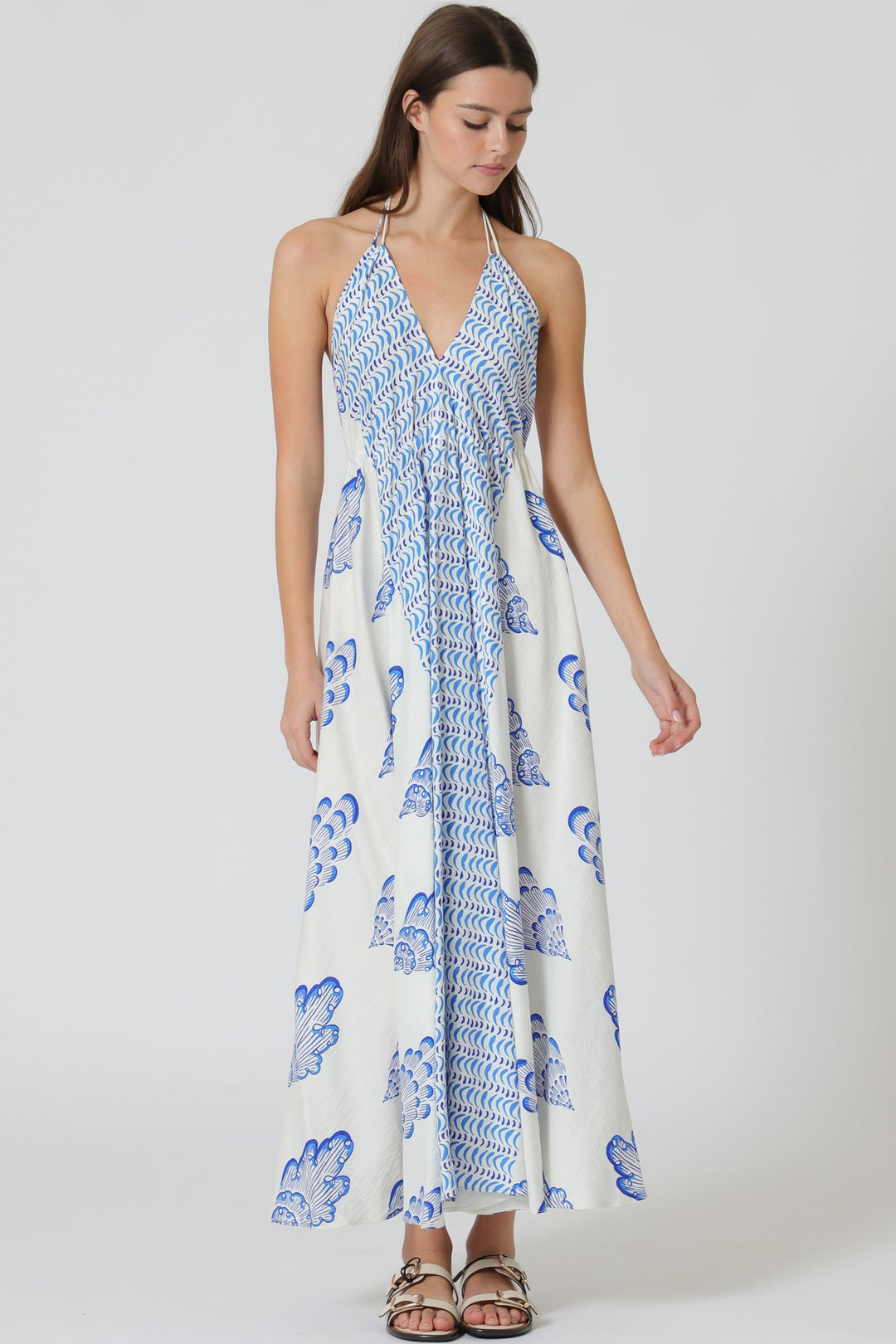 Aakaa Halter Backless Tie Back Midi Dress