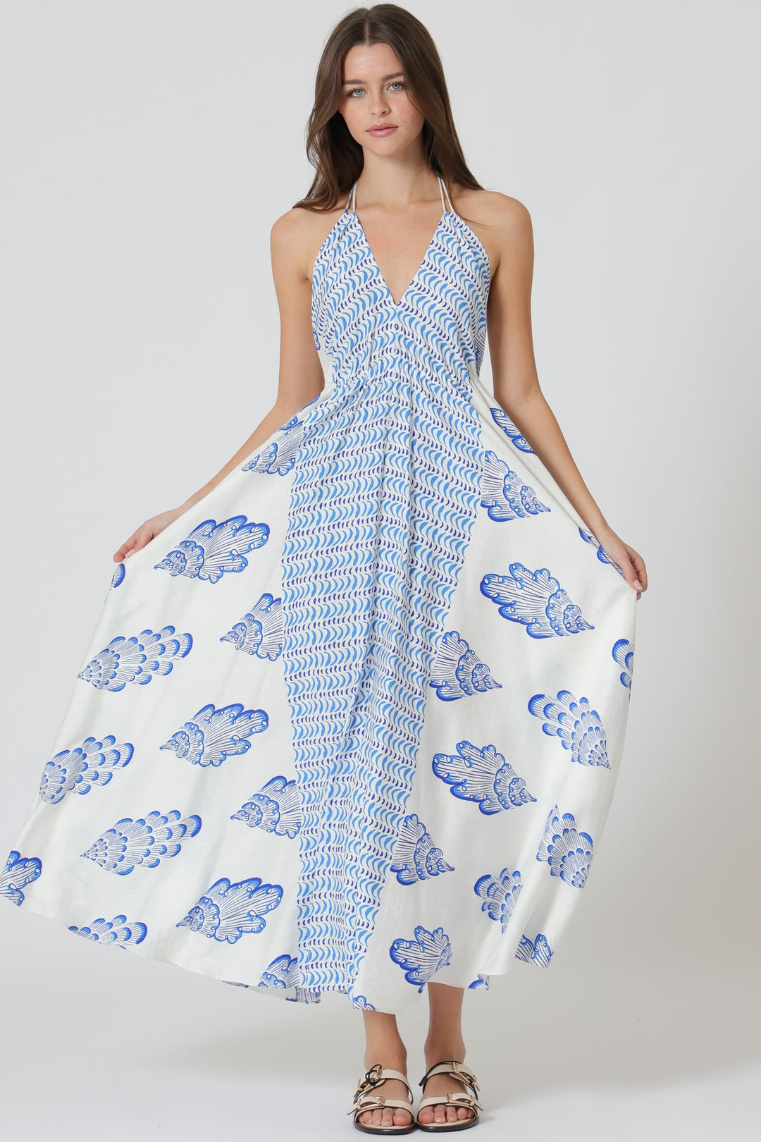 Aakaa Halter Backless Tie Back Midi Dress White/Blue / L