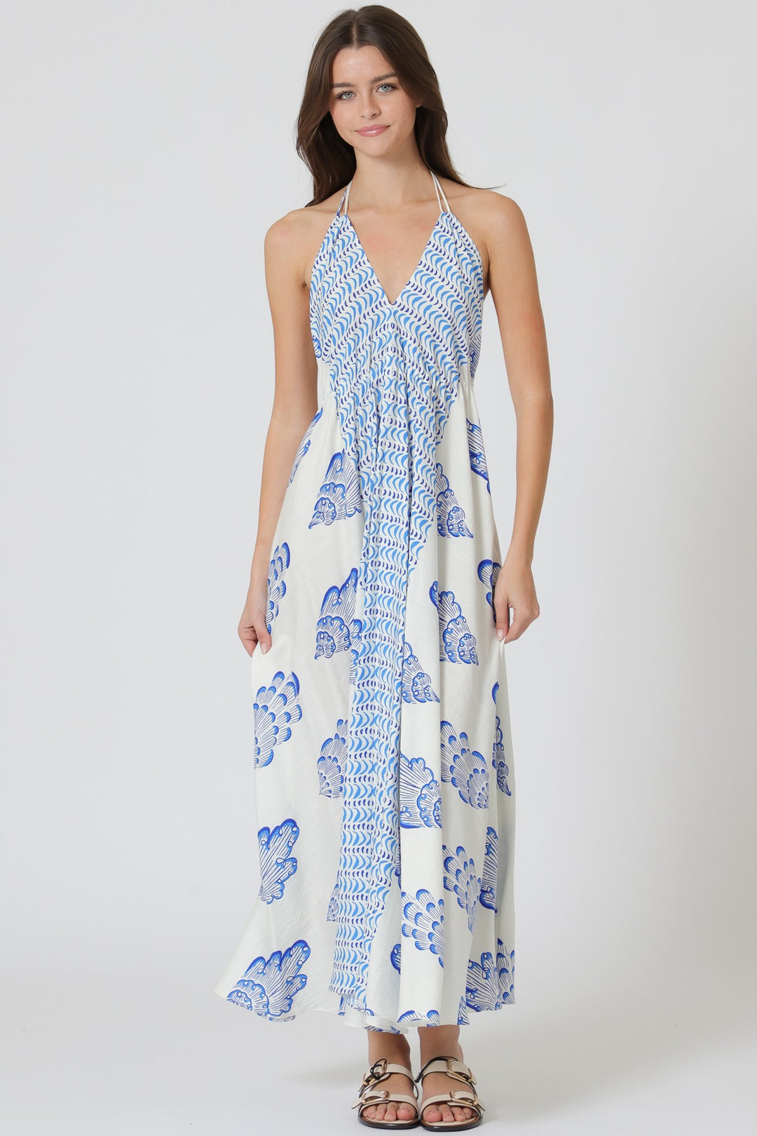 Aakaa Halter Backless Tie Back Midi Dress