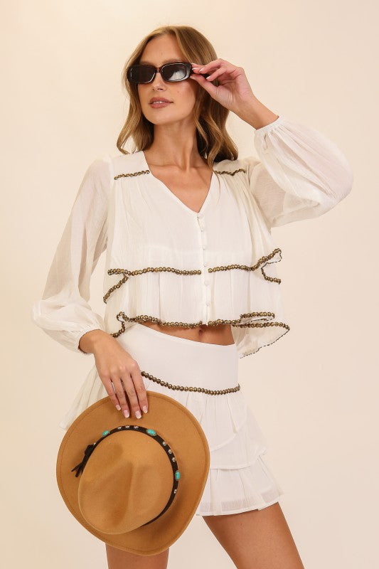 Lumiere Luxe Ruffle Beaded Crop Blouse