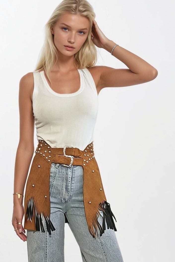 Wisteria Lane Faux Suede Fringed Chap Belt Skirt