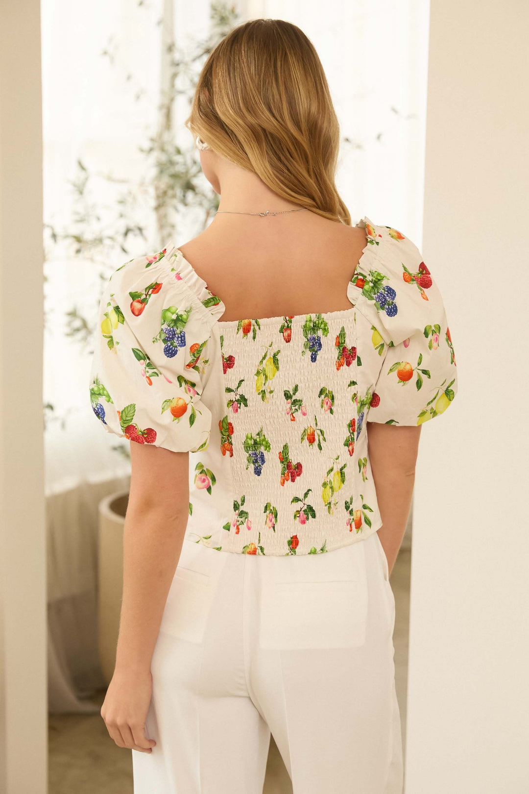 Skies Are Blue Fruit Print Bubble Sleeve Top