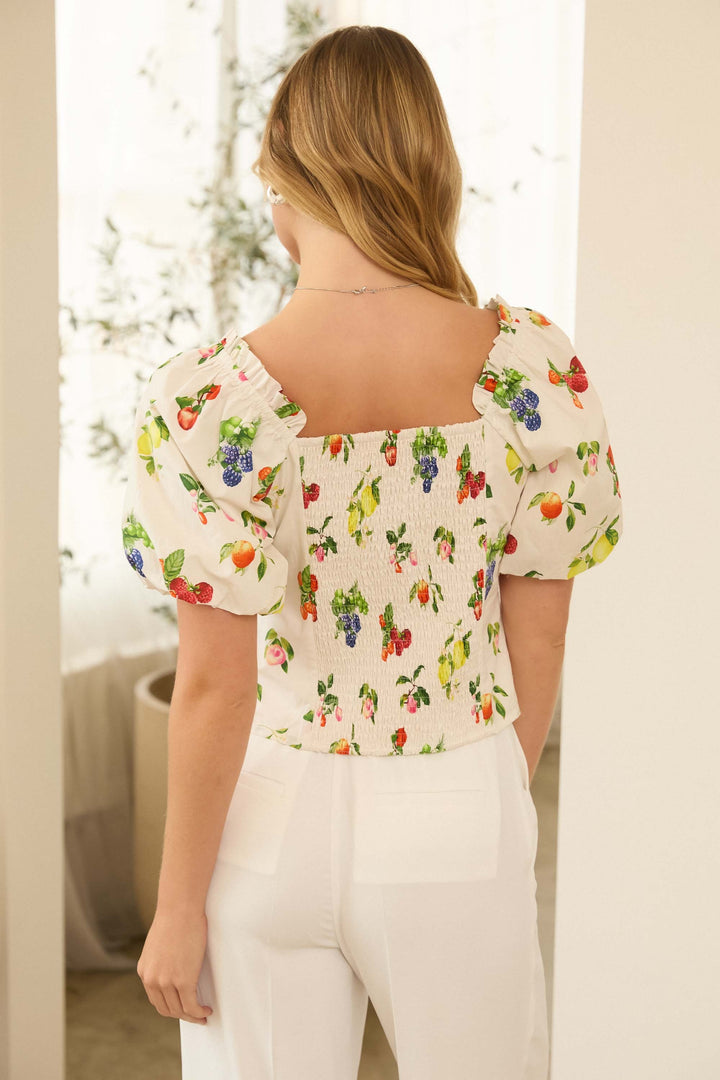 Skies Are Blue Fruit Print Bubble Sleeve Top