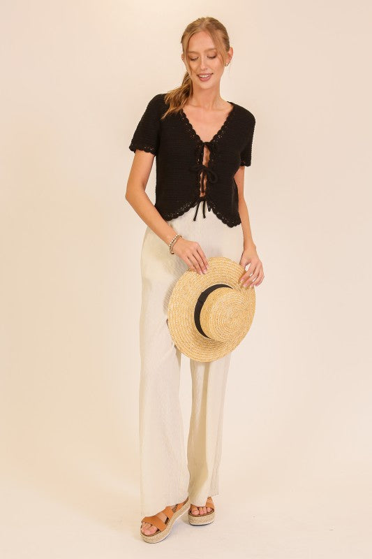 Lumiere Scallop Edge Tie-front Crochet Knit Top