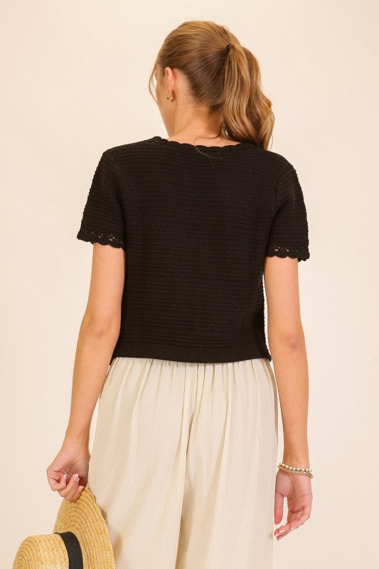 Lumiere Scallop Edge Tie-front Crochet Knit Top