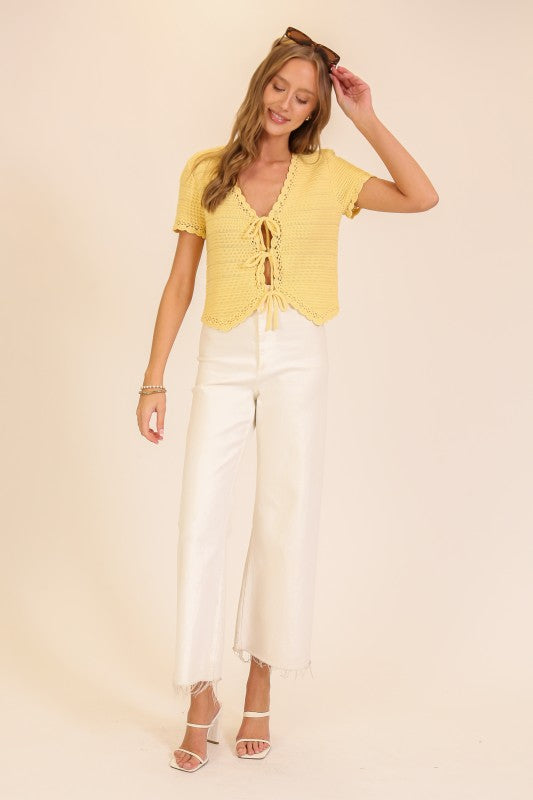 Lumiere Scallop Edge Tie-front Crochet Knit Top