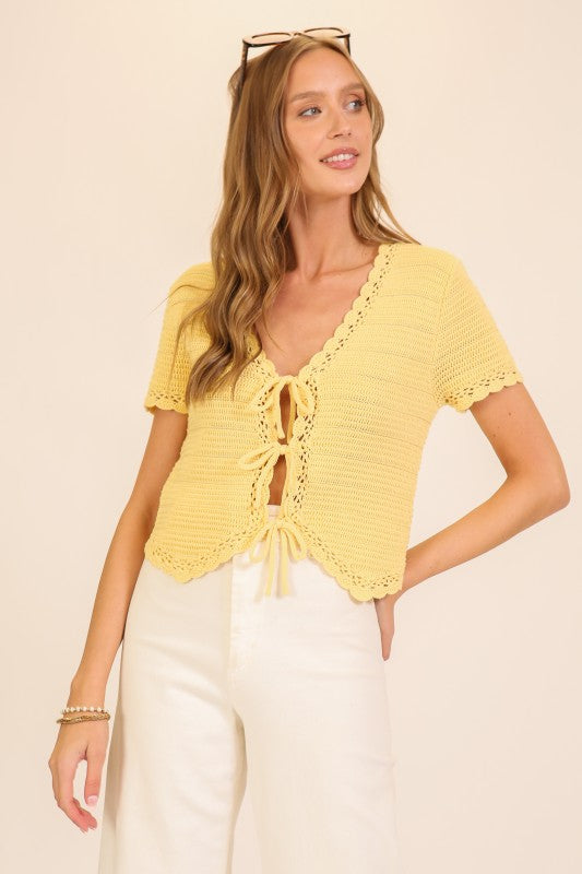 Lumiere Scallop Edge Tie-front Crochet Knit Top