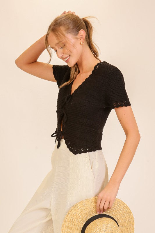 Lumiere Scallop Edge Tie-front Crochet Knit Top
