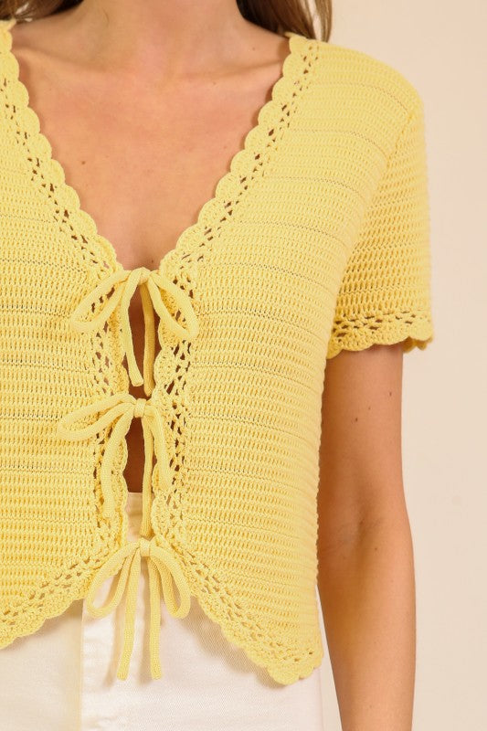 Lumiere Scallop Edge Tie-front Crochet Knit Top