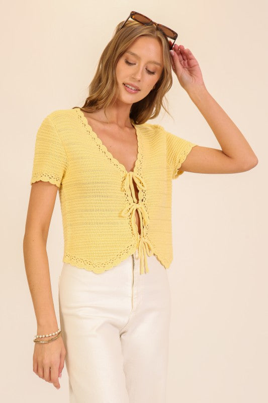 Lumiere Scallop Edge Tie-front Crochet Knit Top