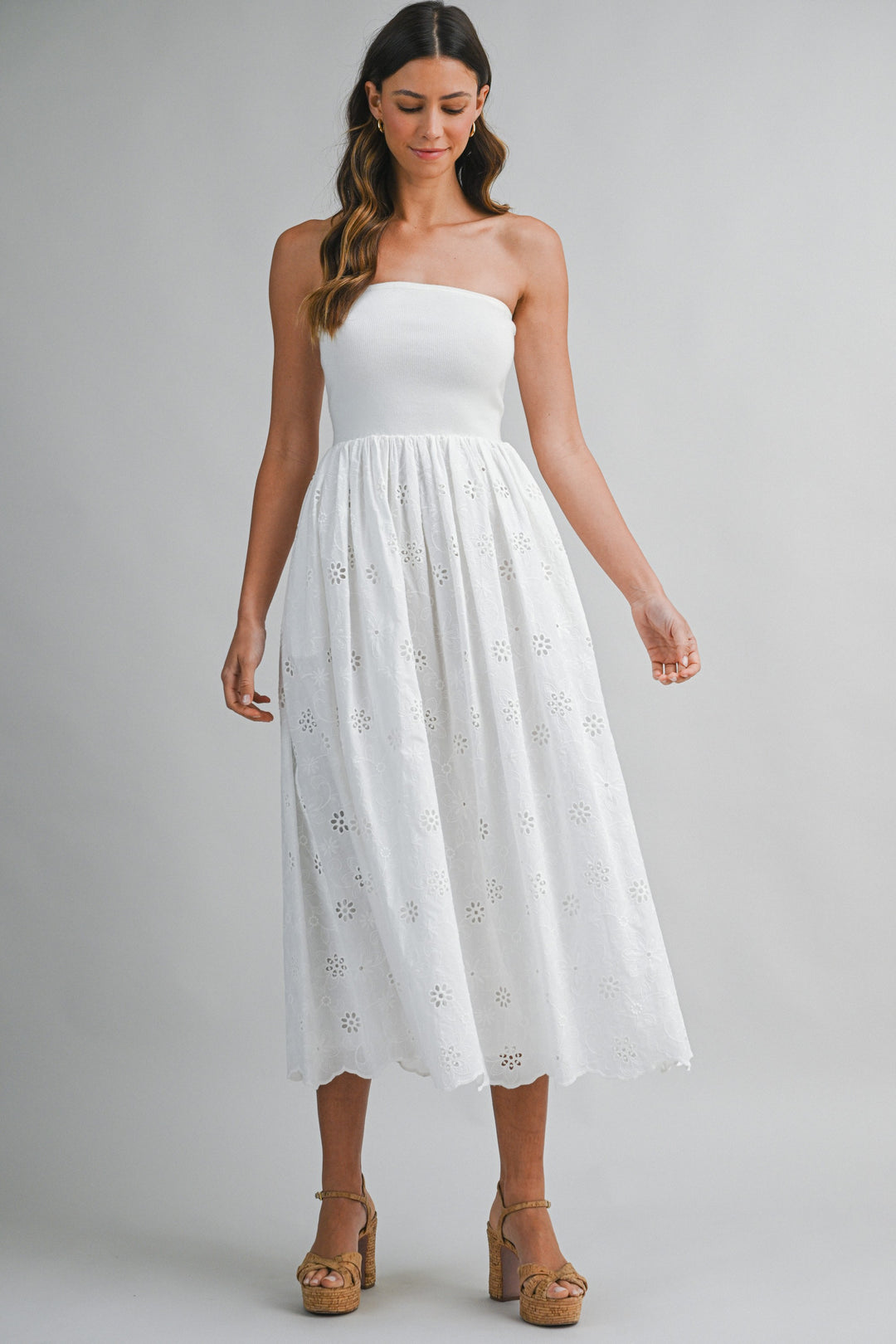 Mable Knitted Top Bodice Eyelet Contrast Midi Dress