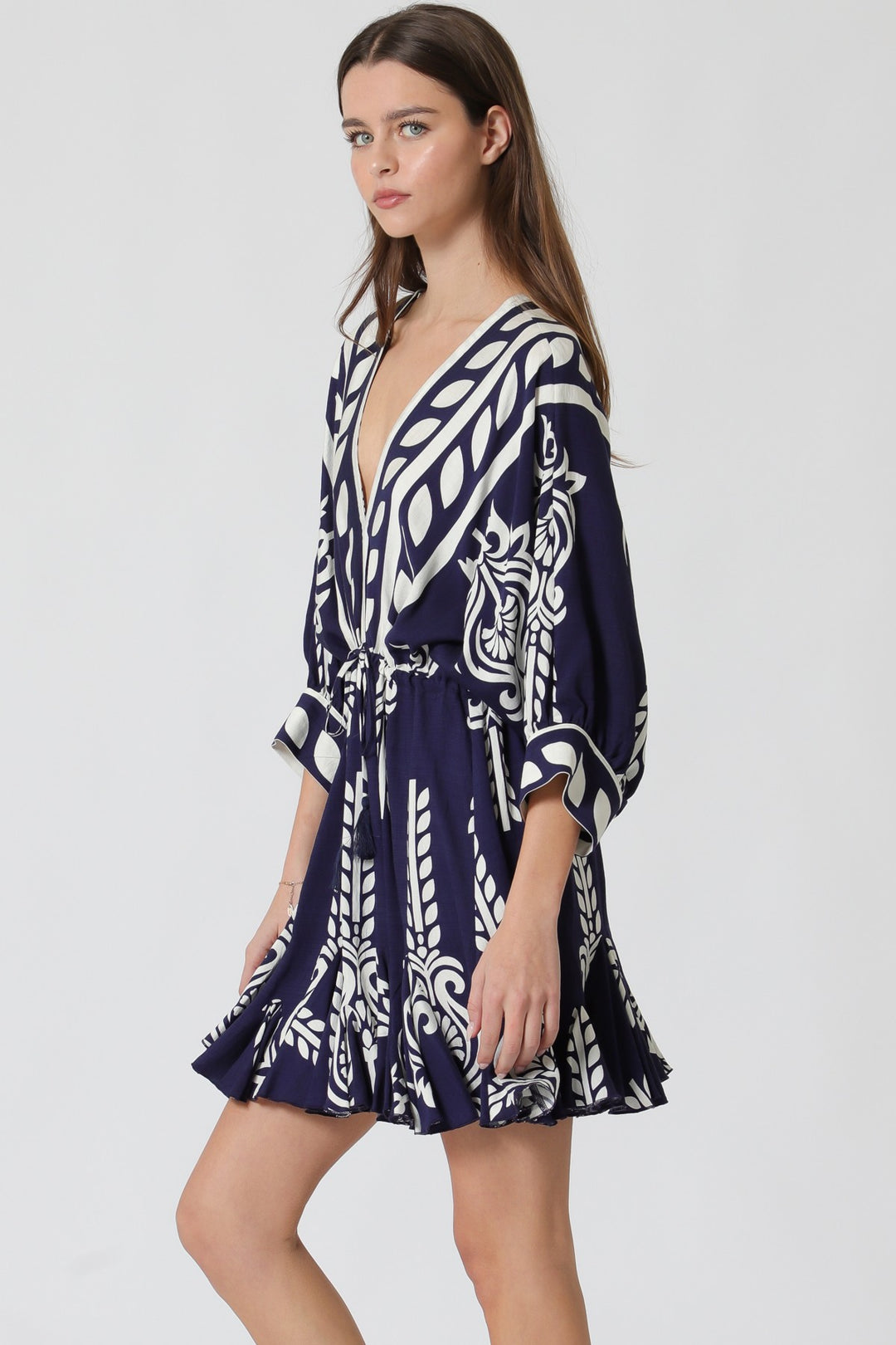 Aakaa Dolman Sleeve Tassel Trim Mini Dress