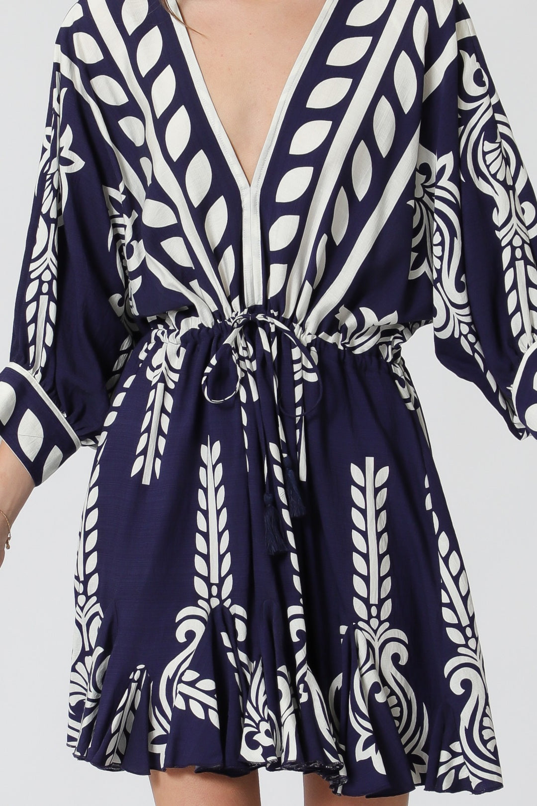 Aakaa Dolman Sleeve Tassel Trim Mini Dress