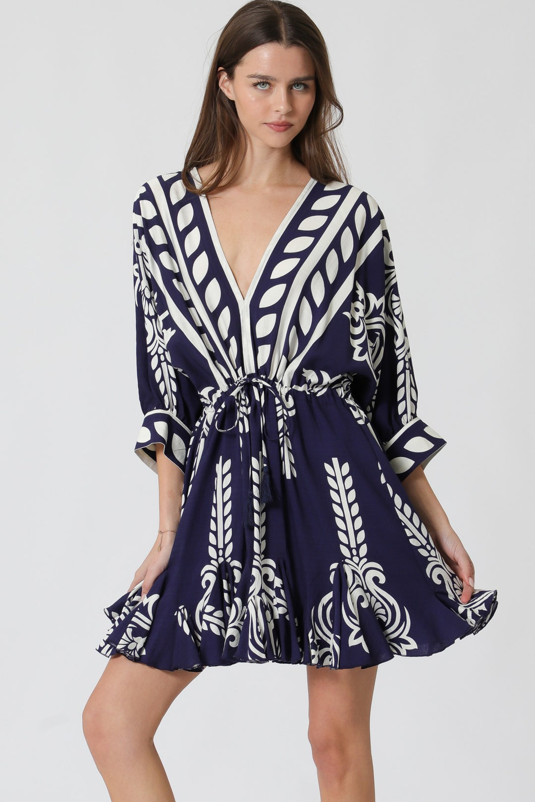 Aakaa Dolman Sleeve Tassel Trim Mini Dress