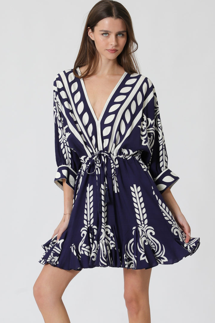 Aakaa Dolman Sleeve Tassel Trim Mini Dress