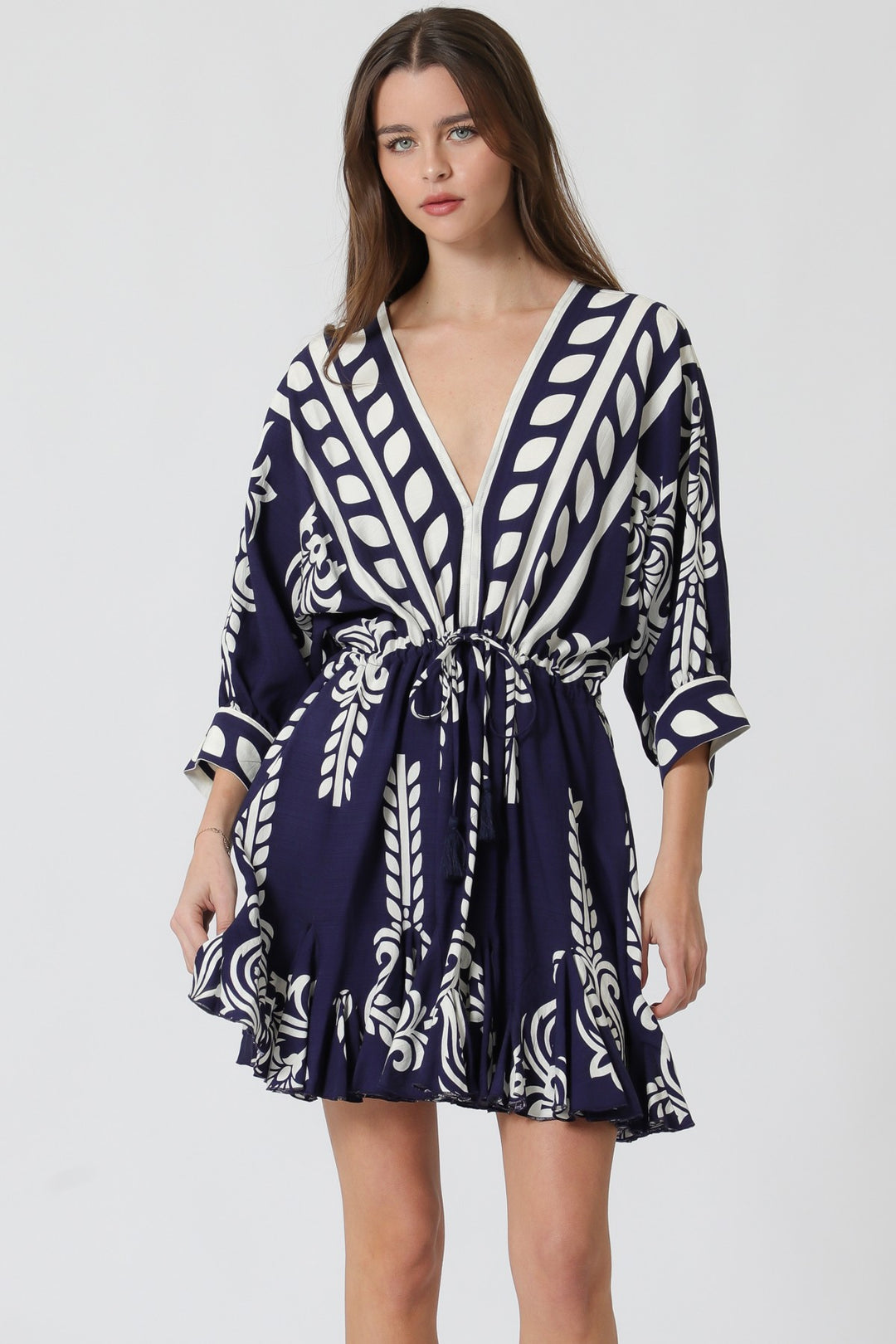 Aakaa Dolman Sleeve Tassel Trim Mini Dress