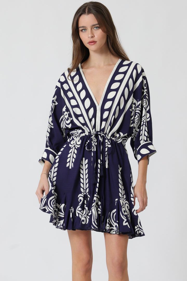 Aakaa Dolman Sleeve Tassel Trim Mini Dress
