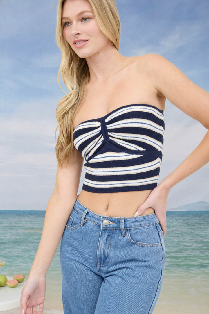 Mine Striped Strapless Crop Sweater Top