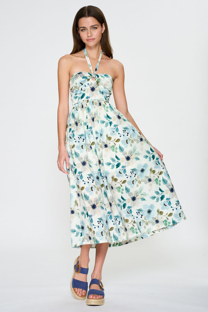 Aakaa Floral Halter Midi Dress With Front Cutout