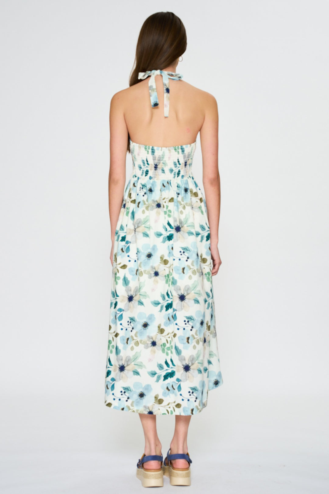 Aakaa Floral Halter Midi Dress With Front Cutout