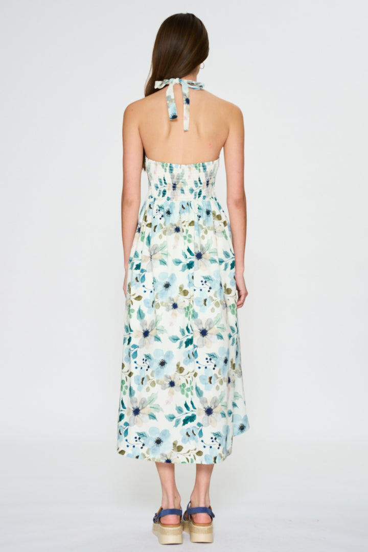 Aakaa Floral Halter Midi Dress With Front Cutout