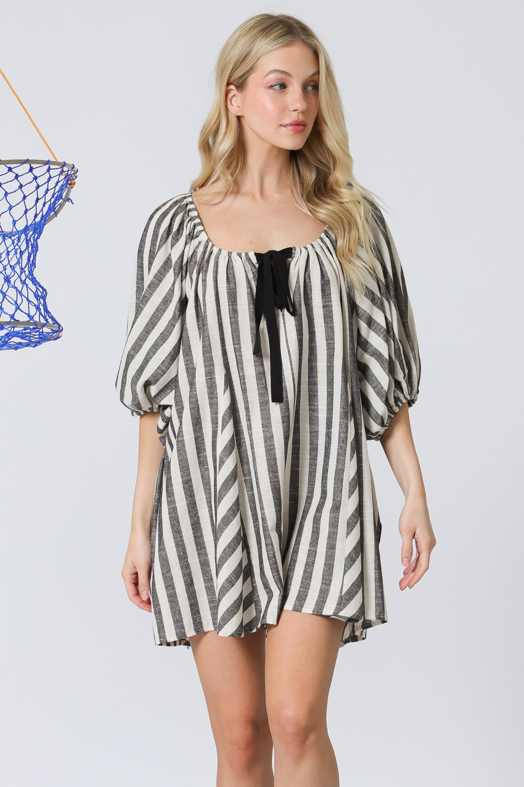 Aakaa Stripe Deep U-neck Romper With Front Tie