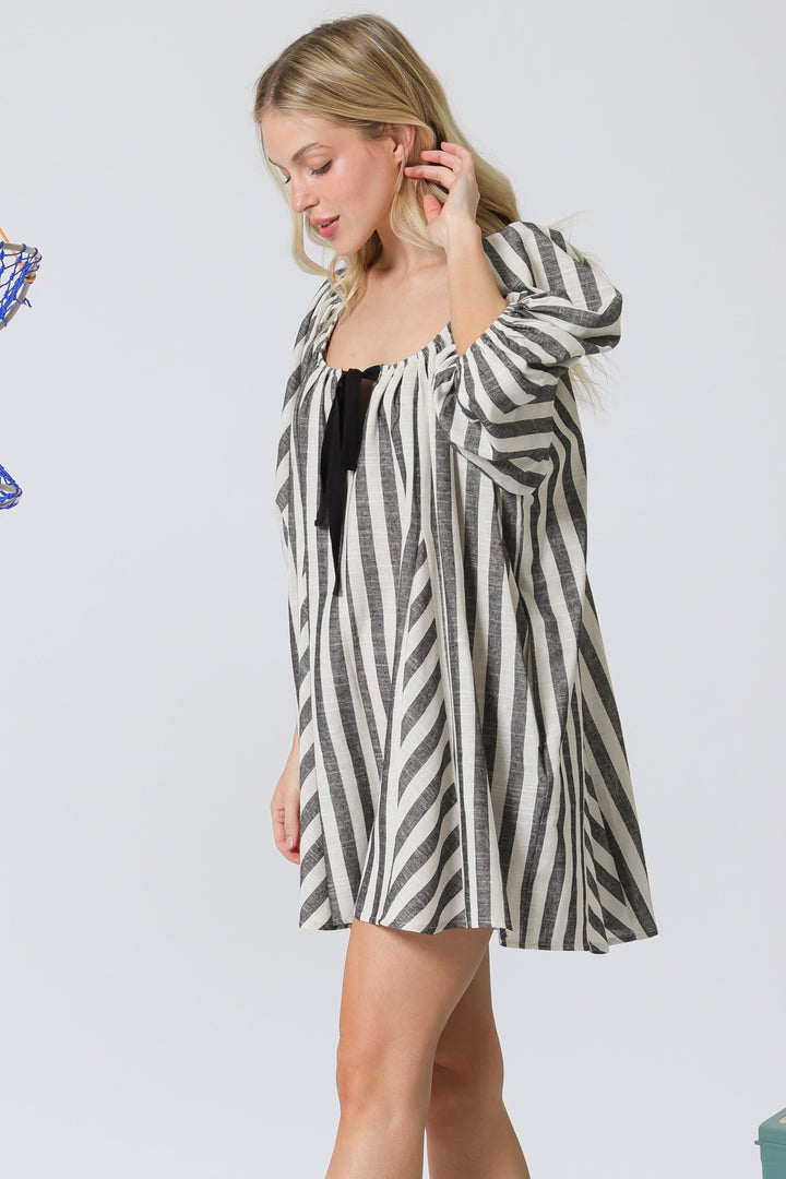 Aakaa Stripe Deep U-neck Romper With Front Tie