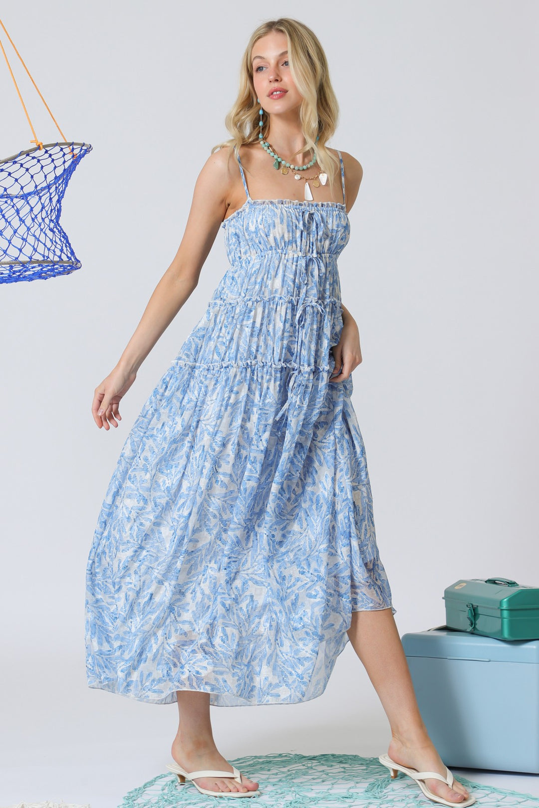 Aakaa Burnout Chiffon Cami Tiered Midi Dress With Ribbon Detail Blue Multi / L