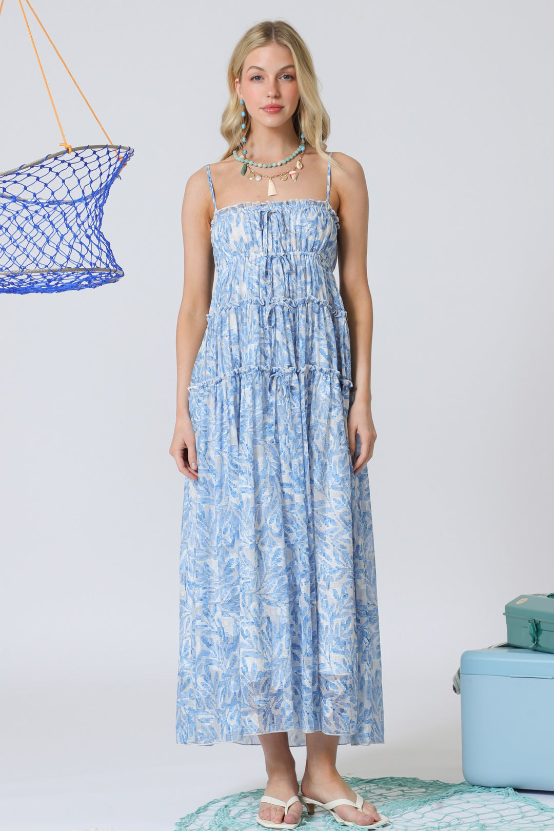 Aakaa Burnout Chiffon Cami Tiered Midi Dress With Ribbon Detail