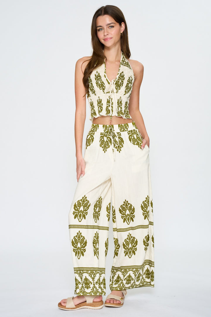 Aakaa Halter Crop & Printed Wide-Leg Pants Set